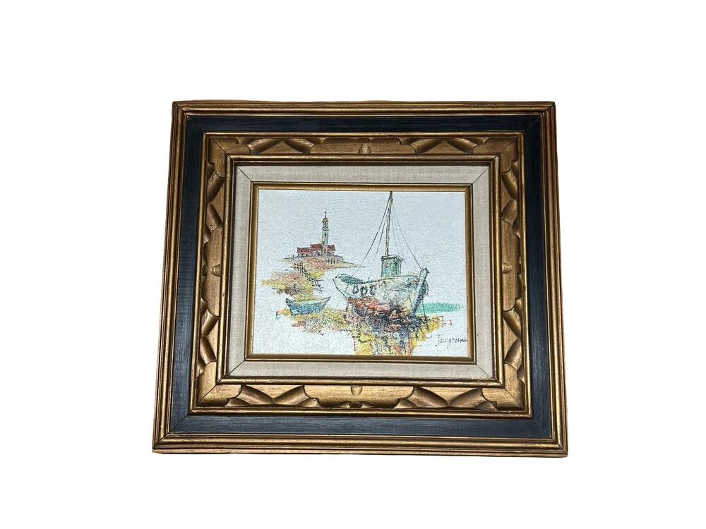 Vtg Mid Century Nautical Boats Textured Oil Painting Framed Signed Jack Greene